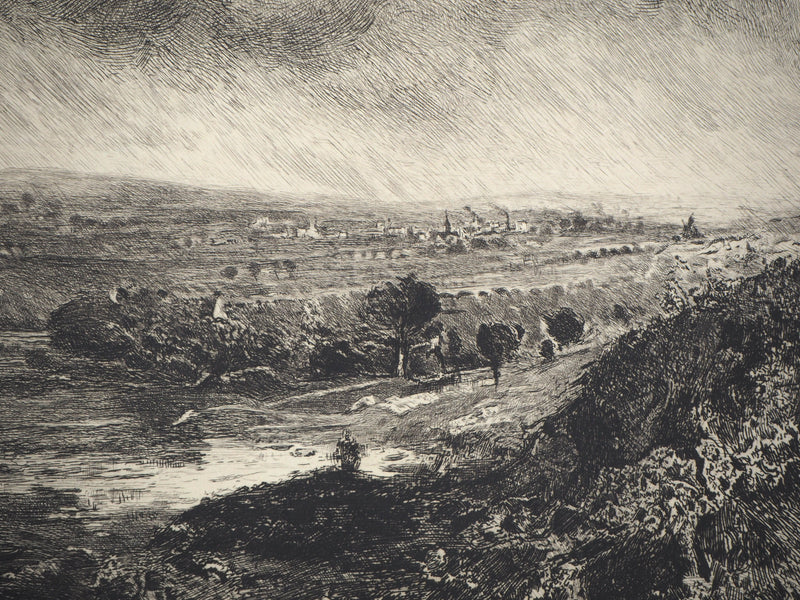 Charles-Louis KRATKE : Paysage de vallée sous ciel orageux - Gravure (détail)