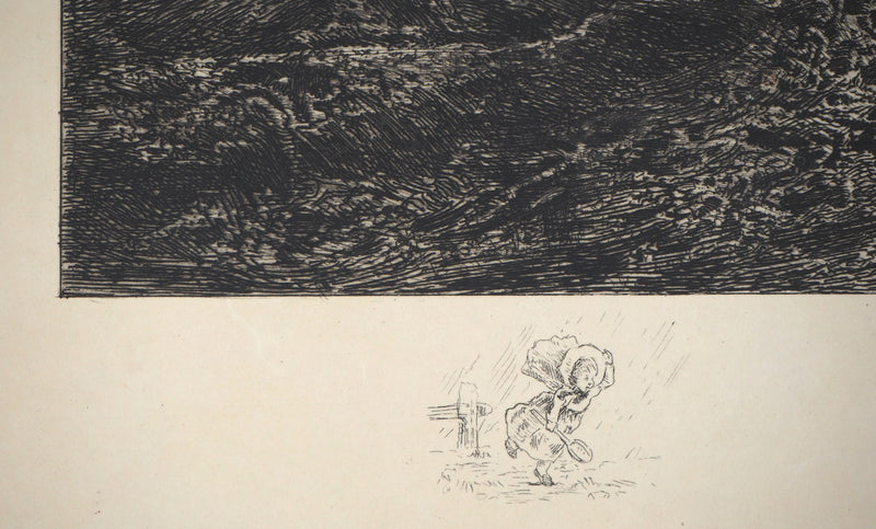 Charles-Louis KRATKE : Paysage de vallée sous ciel orageux - Gravure (détail)