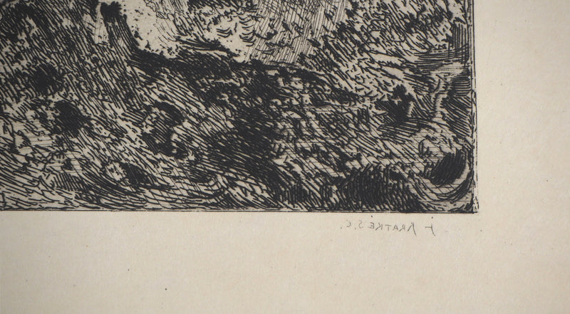 Charles-Louis KRATKE : Paysage de vallée sous ciel orageux - Gravure (détail)