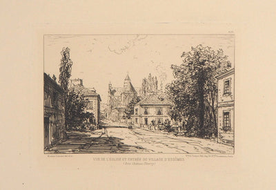 Maxime LALANNE : Vue de l'église et entrée du village d'Essômes - Gravure