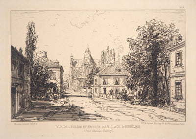 Maxime LALANNE : Vue de l'église et entrée du village d'Essômes - Gravure (détail)