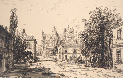 Maxime LALANNE : Vue de l'église et entrée du village d'Essômes - Gravure (détail)