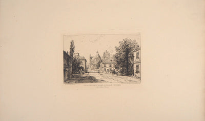 Maxime LALANNE : Vue de l'église et entrée du village d'Essômes - Gravure (détail)