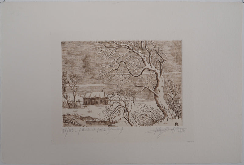 Jean Claude LALOUETTE : Paysage enneigé, 1980 - Gravure