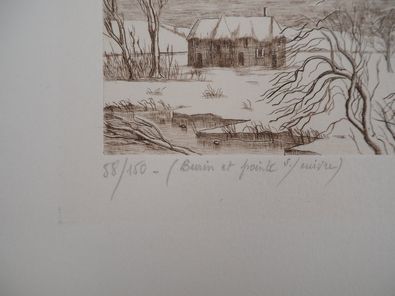 Jean Claude LALOUETTE : Paysage enneigé, 1980 - Gravure (détail)