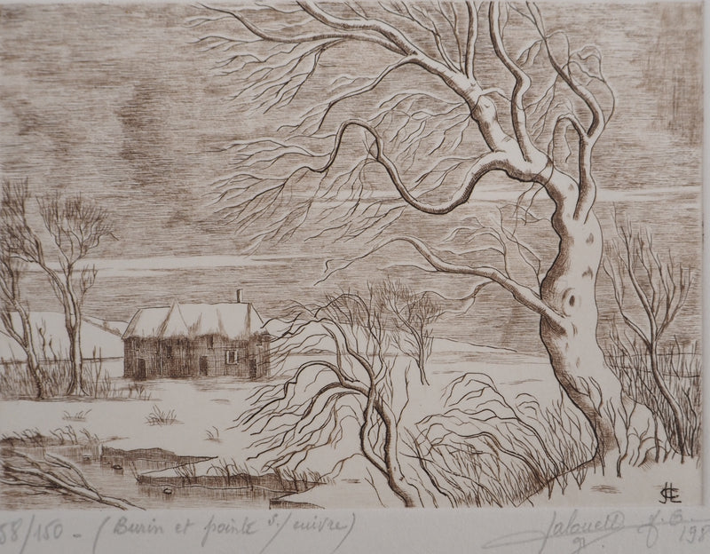 Jean Claude LALOUETTE : Paysage enneigé, 1980 - Gravure (détail)