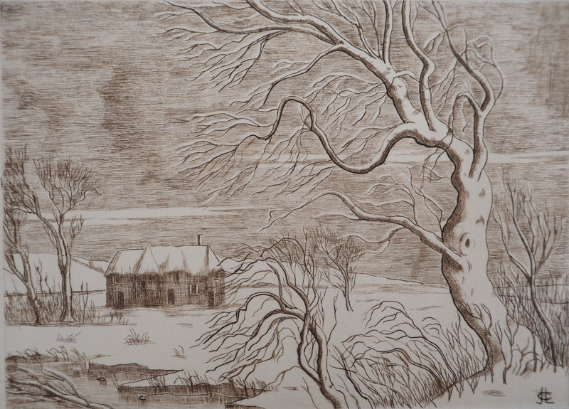 Jean Claude LALOUETTE : Paysage enneigé, 1980 - Gravure (détail)