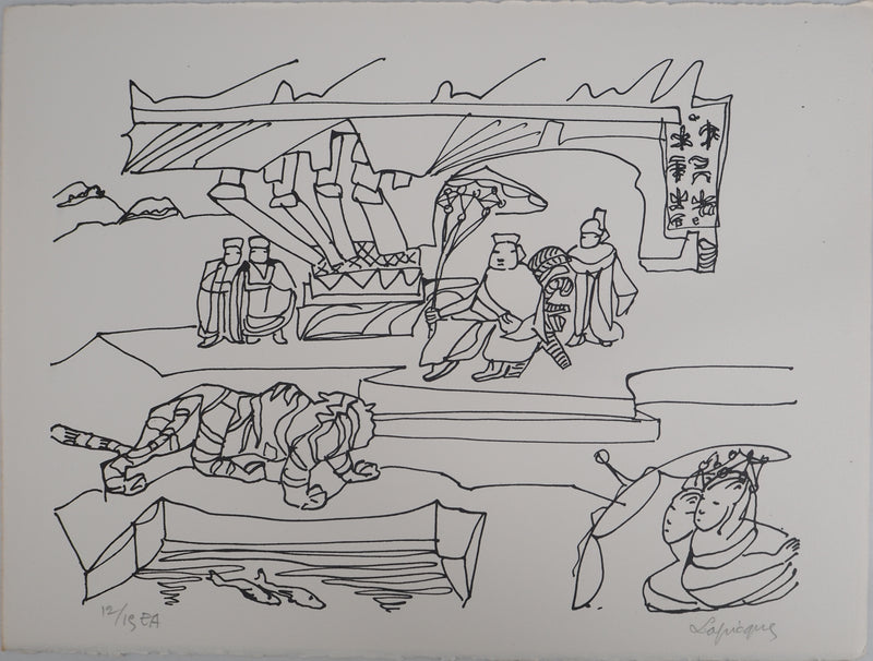 Charles LAPICQUE : Le tigre et les villageois, 1961 - Lithographie