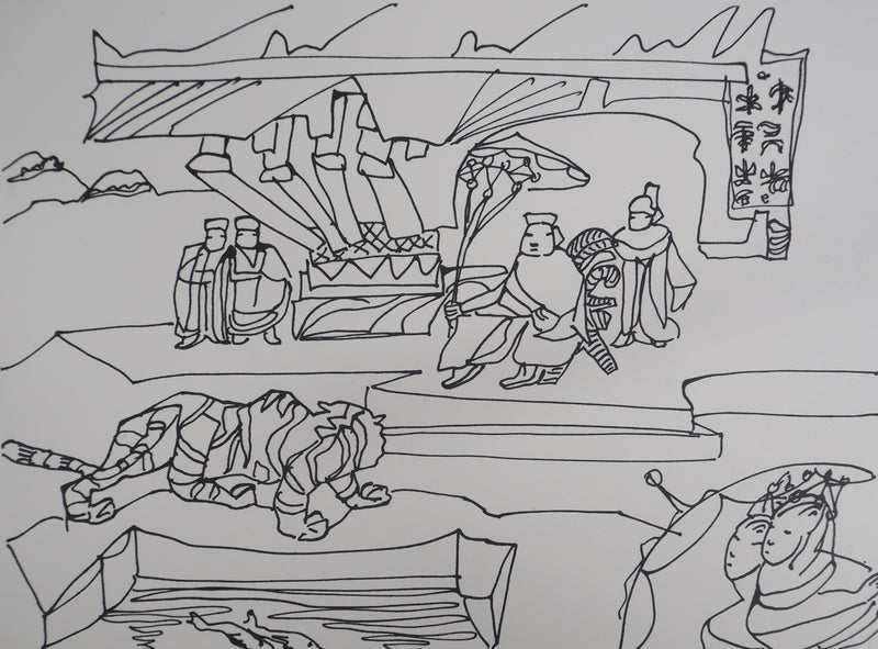 Charles LAPICQUE : Le tigre et les villageois, 1961 - Lithographie (détail)