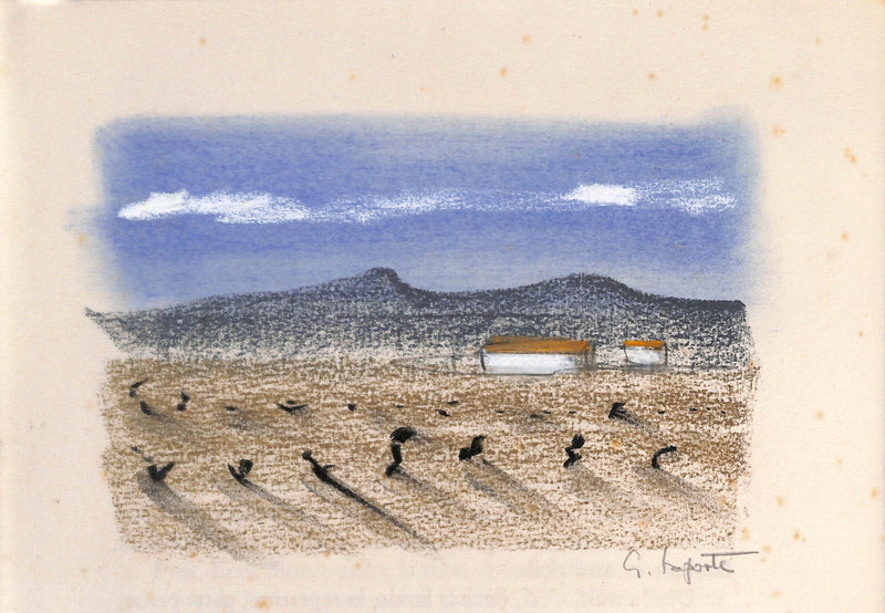 Georges LAPORTE : Champ aride au pied de la colline - Dessin