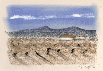 Georges LAPORTE : Champ aride au pied de la colline - Dessin (détail)