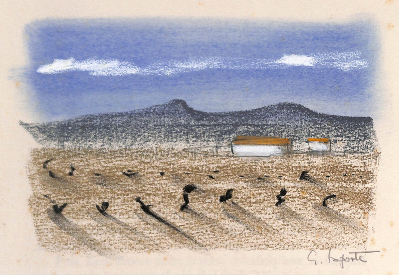 Georges LAPORTE : Champ aride au pied de la colline - Dessin (détail)