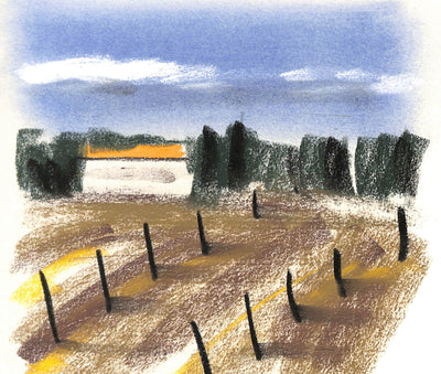 Georges LAPORTE : Champs bordés de cyprès - Dessin (détail)