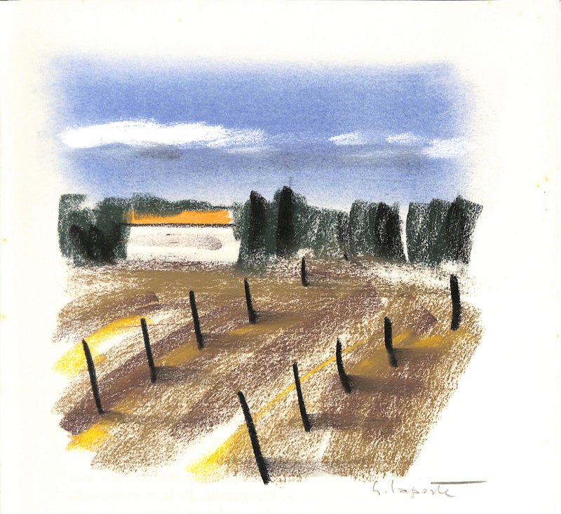 Georges LAPORTE : Champs bordés de cyprès - Dessin (détail)
