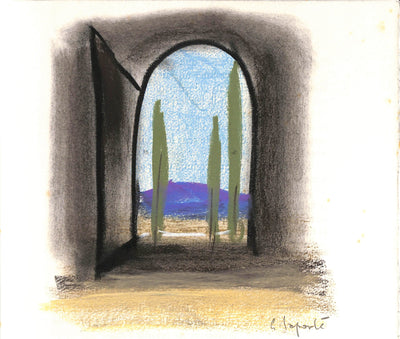 Georges LAPORTE : Les cyprès et la colline - Dessin
