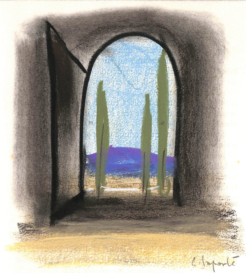 Georges LAPORTE : Les cyprès et la colline - Dessin (détail)