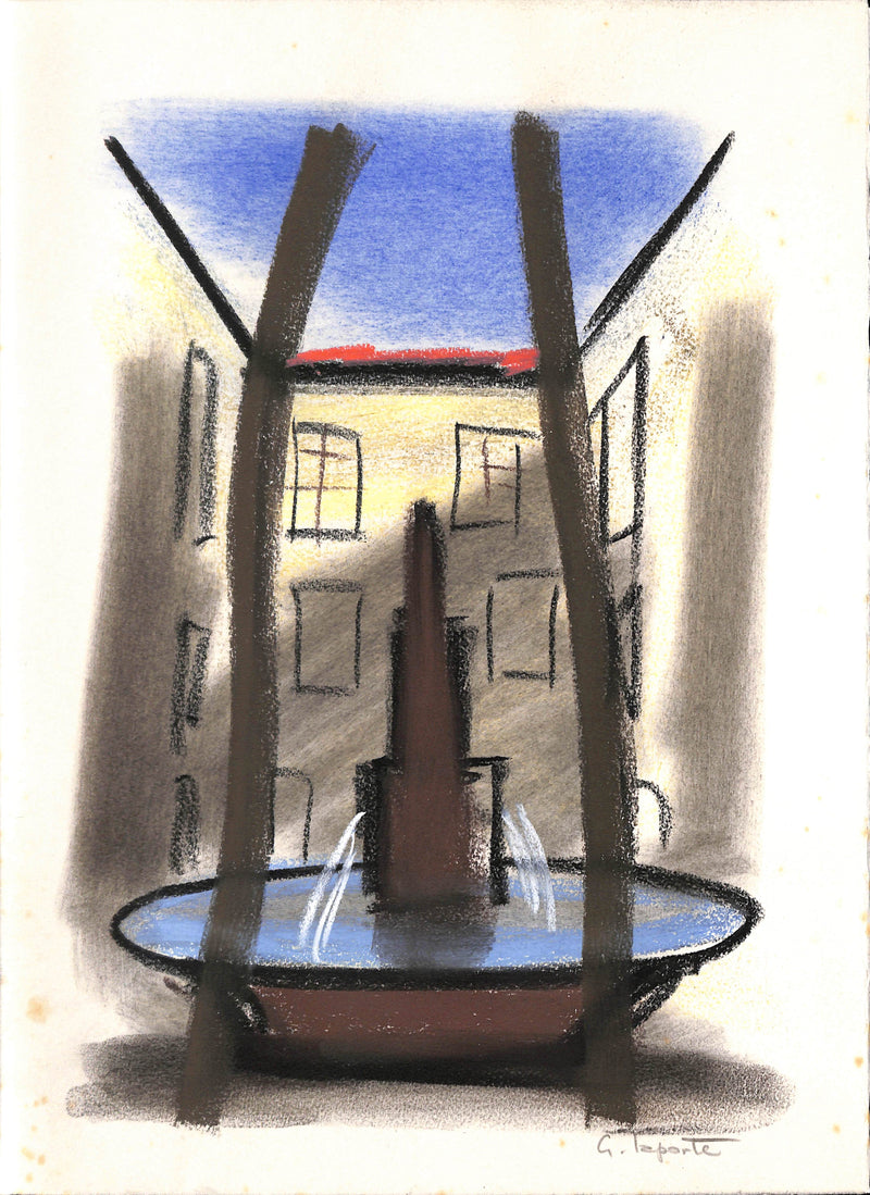 Georges LAPORTE : Place de la fontaine - Dessin