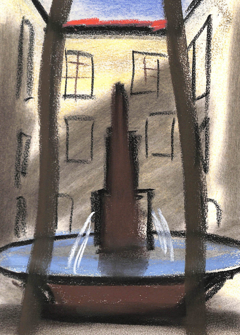 Georges LAPORTE : Place de la fontaine - Dessin (détail)