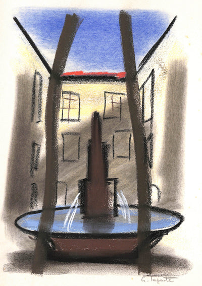 Georges LAPORTE : Place de la fontaine - Dessin (détail)