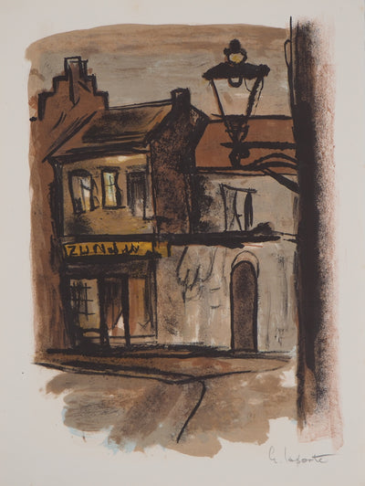 Georges LAPORTE : Le café du village, 1971 - Lithographie