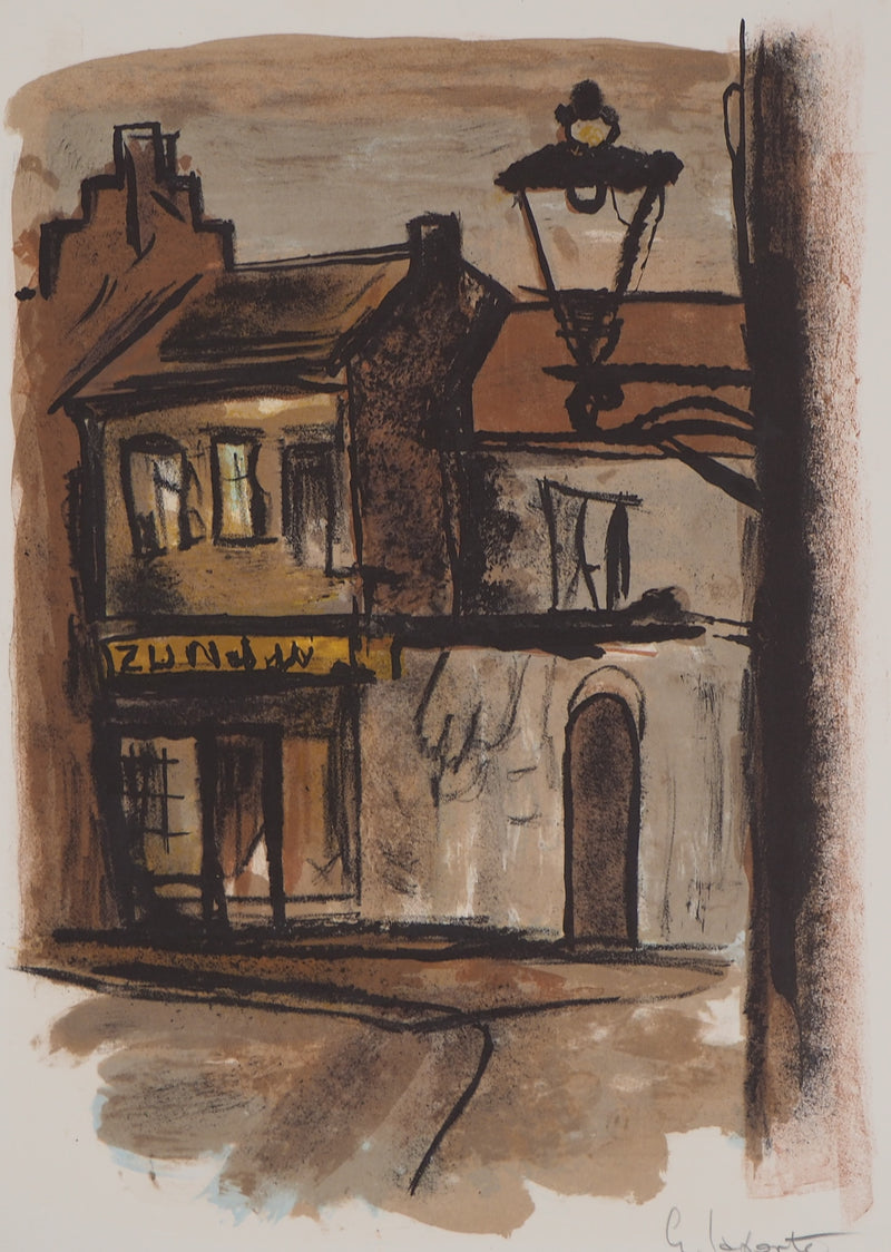 Georges LAPORTE : Le café du village, 1971 - Lithographie (détail)