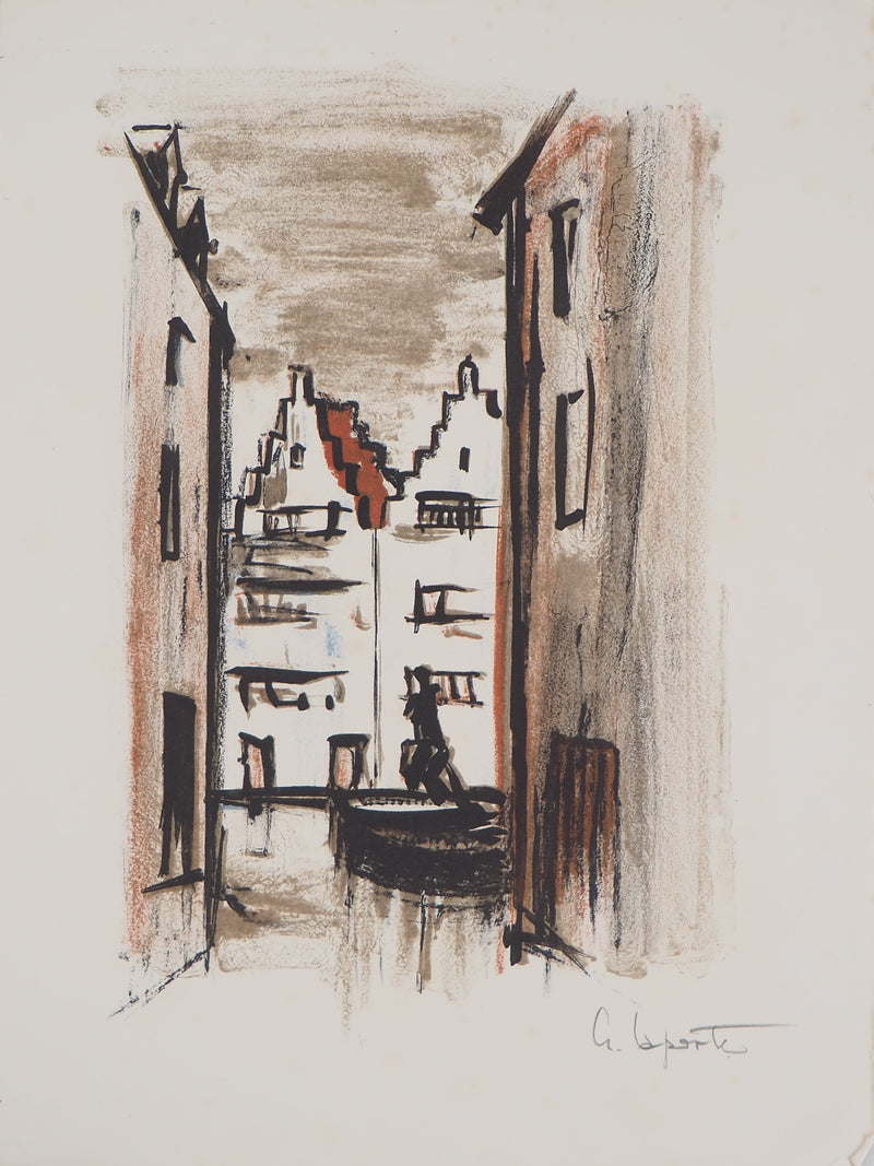 Georges LAPORTE : Gondolier sur les canaux de Bruges, 1971 - Lithographie