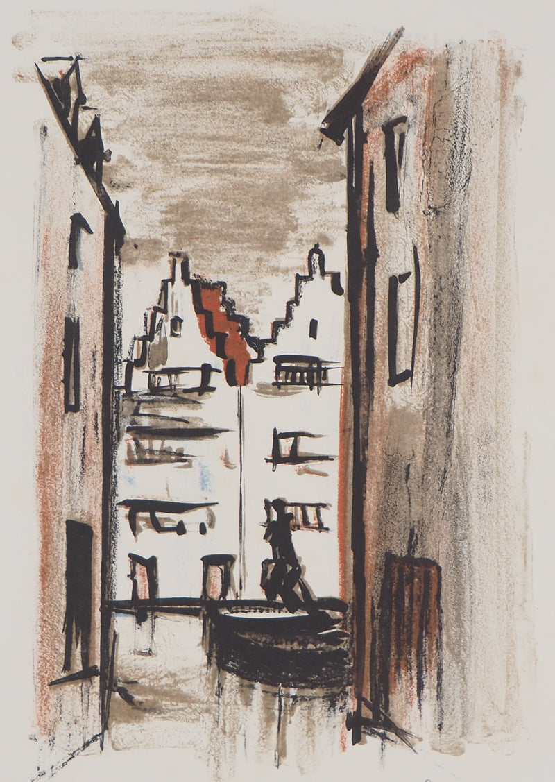 Georges LAPORTE : Gondolier sur les canaux de Bruges, 1971 - Lithographie (détail)