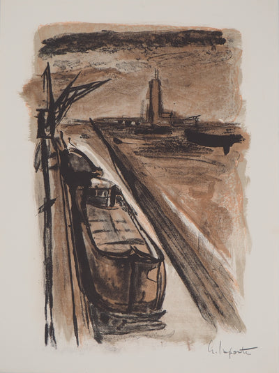 Georges LAPORTE : Péniche amarrée, 1971 - Lithographie