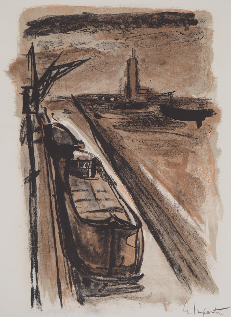 Georges LAPORTE : Péniche amarrée, 1971 - Lithographie (détail)