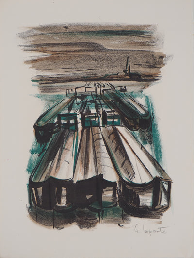 Georges LAPORTE : Péniches au port, 1971 - Lithographie