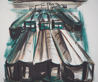 Georges LAPORTE : Péniches au port, 1971 - Lithographie (détail)