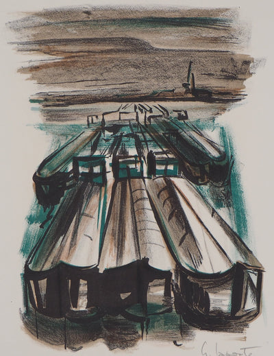 Georges LAPORTE : Péniches au port, 1971 - Lithographie (détail)
