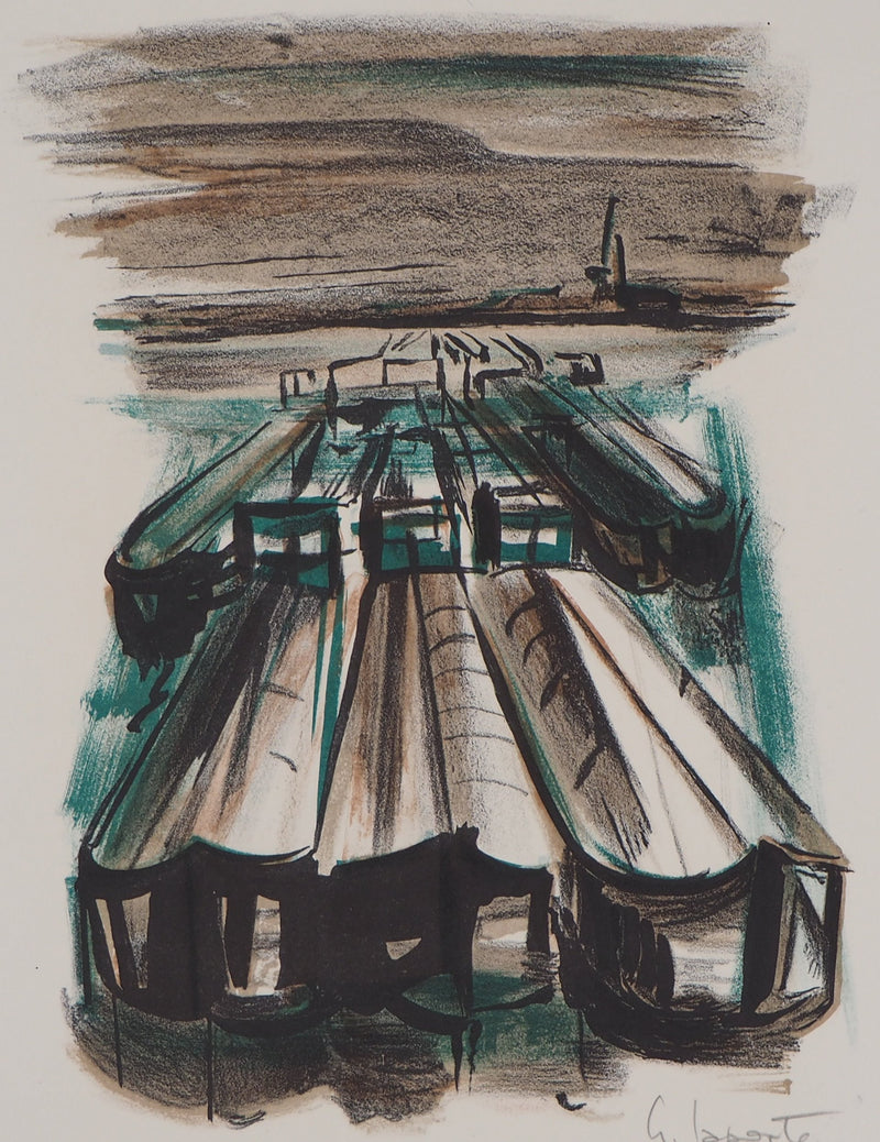 Georges LAPORTE : Péniches au port, 1971 - Lithographie (détail)