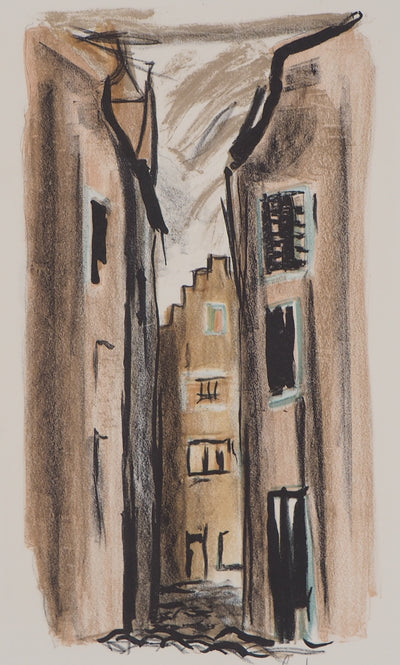 Georges LAPORTE : Ruelle à Bruges, 1971 - Lithographie (détail)