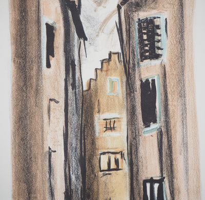 Georges LAPORTE : Ruelle à Bruges, 1971 - Lithographie (détail)