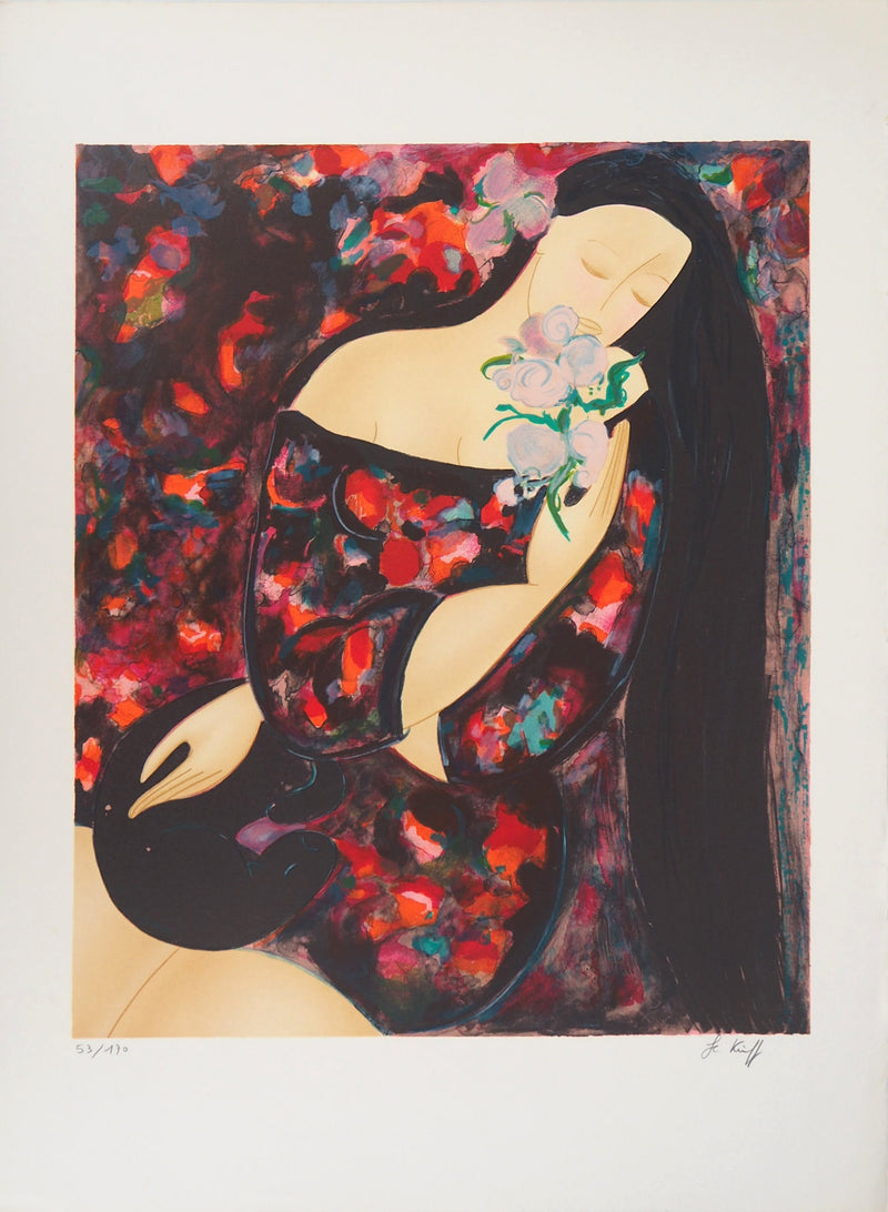 Linda LE KINFF : Femme aux fleurs - Lithographie