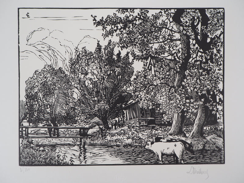 Georges LE MEILLEUR : Le moulin de la Fontelaye (Normandie), 1928 - Gravure sur bois