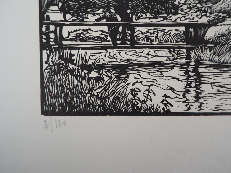 Georges LE MEILLEUR : Le moulin de la Fontelaye (Normandie), 1928 - Gravure sur bois (détail)