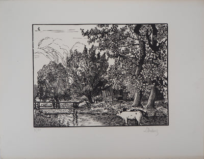 Georges LE MEILLEUR : Le moulin de la Fontelaye (Normandie), 1928 - Gravure sur bois (détail)