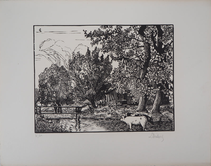 Georges LE MEILLEUR : Le moulin de la Fontelaye (Normandie), 1928 - Gravure sur bois (détail)
