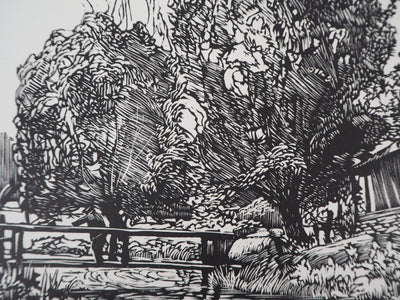 Georges LE MEILLEUR : Le moulin de la Fontelaye (Normandie), 1928 - Gravure sur bois (détail)