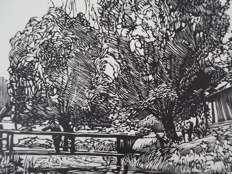 Georges LE MEILLEUR : Le moulin de la Fontelaye (Normandie), 1928 - Gravure sur bois (détail)