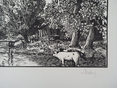 Georges LE MEILLEUR : Le moulin de la Fontelaye (Normandie), 1928 - Gravure sur bois (détail)