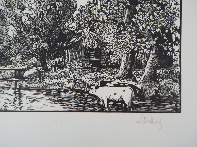 Georges LE MEILLEUR : Le moulin de la Fontelaye (Normandie), 1928 - Gravure sur bois (détail)