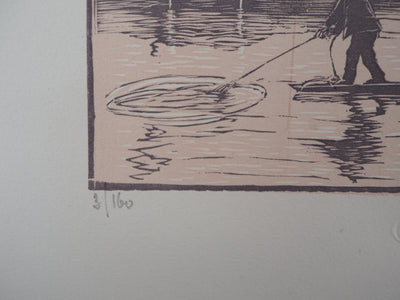 Georges LE MEILLEUR : Pêche : le coup d'épervier, 1926 - Gravure sur bois (détail)