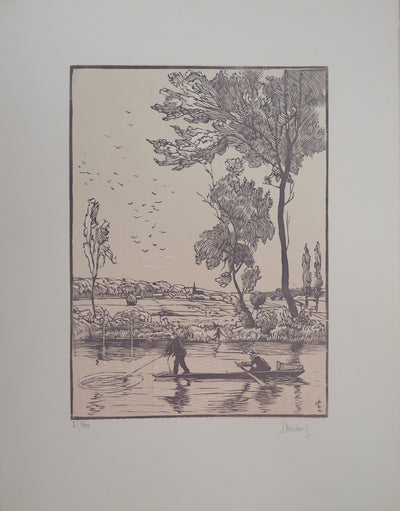Georges LE MEILLEUR : Pêche : le coup d'épervier, 1926 - Gravure sur bois (détail)