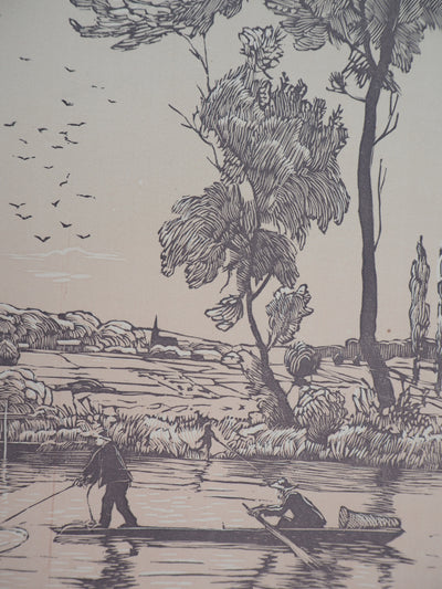 Georges LE MEILLEUR : Pêche : le coup d'épervier, 1926 - Gravure sur bois (détail)