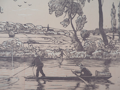 Georges LE MEILLEUR : Pêche : le coup d'épervier, 1926 - Gravure sur bois (détail)