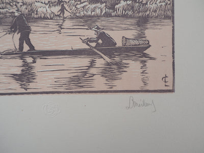 Georges LE MEILLEUR : Pêche : le coup d'épervier, 1926 - Gravure sur bois (détail)