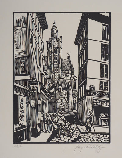 Jean LEBEDEFF : Vieux Paris. Rue de la Montagne-Sainte-Geneviève, 1924 - Gravure sur bois